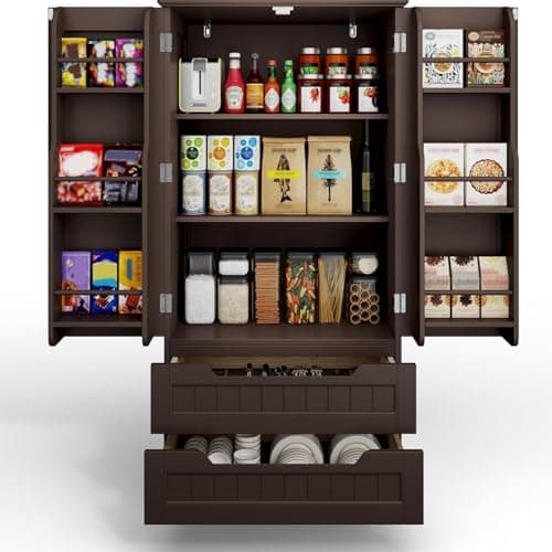 Gizoon Kitchen Pantry Storage Cabinet with Drawers Freestanding Bathroom Storage Cabinets with Doors and Shelves, 47" Small Wooden Food Pantry Cabinet for Dining Room Craft Room, Dark Brown - Image 1