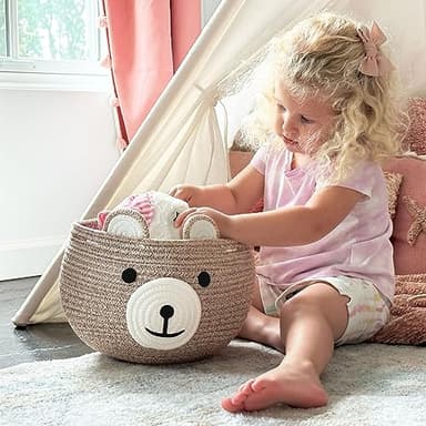 CherryNow Baby Basket for Nursery, Bear Gift Baskets for Kids, Baby Shower Basket with Handles, Small Cute Animal Baskets, Light Brown, 10.5"D x 8.5"H - Image 9