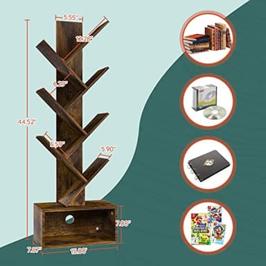 Yoobure Tree Bookshelf - 6 Shelf Retro Floor Standing Bookcase, Tall Wood Book Storage Rack for CDs/Movies/Books, Utility Book Organizer Shelves for Bedroom, Living Room, Home Office, Rustic Brown - Image 3