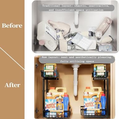 SILUB Under Sink Organizer,2 Pack Kitchen Organizers and Storage Adjustable Height 2 Tier Sliding L-Shape Cabinet Organizers Meatal,Under Bathroom Sink Organizer with Anti Slip Wooden Handle - Image 5