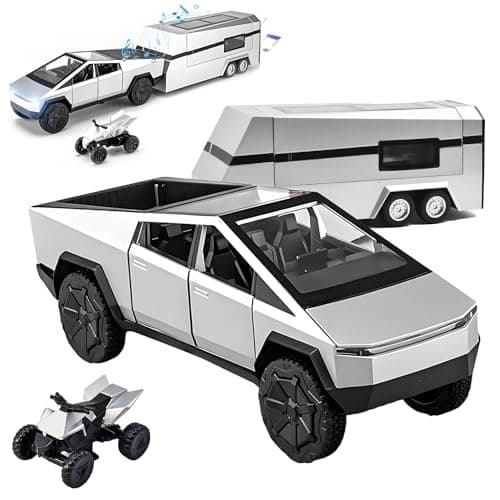 Miortior Truck Toy, Car Toy with RV, Motorcycle Cybertquad and Truck, 1/32 Alloy Diecast Pickup Trailer Model Kit with Light and Sound, for Kids Aged 6 and Up - Silver - Image 1