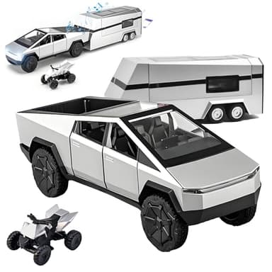 Miortior Truck Toy, Car Toy with RV, Motorcycle Cybertquad and Truck, 1/32 Alloy Diecast Pickup Trailer Model Kit with Light and Sound, for Kids Aged 6 and Up - Silver - Image 1