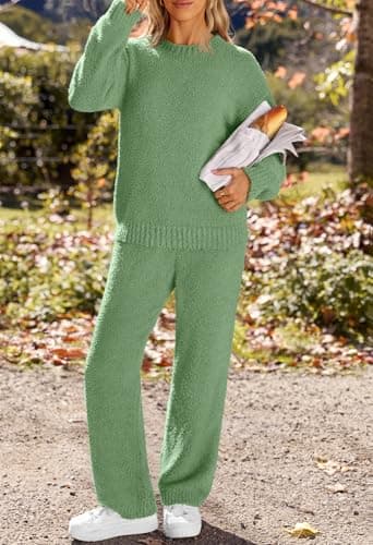 MEROKEETY Womens Pajama Sets 2025 Fall Lounge Sweater Set Cute Fuzzy Fleece 2 Piece Long Sleeve Cozy Winter Pj Outfits, SeaGrass, Large - Image 4
