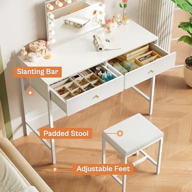 SUPERJARE 35.4" White Desk with 2 Drawers, Modern Makeup Vanity with Padded Stool, Small Computer Desk Home Office Desk for Writing Study Bedroom - Image 5