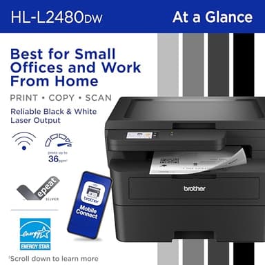 Brother HL-L2480DW Wireless Compact Mobile Monochrome Multi-Function Laser Printer with Copy, Scan, Duplex, Black & White Output | Includes Refresh Subscription Trial(1), (Renewed Premium) - Image 2