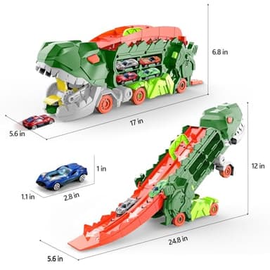 Dufuntotoys City Dinosaur Ultimate Hauler Track Toy for Boys, Transforms into Stomping Dinosaur with Race Track Ultimate Transporter Hauler Toddler Toys Gifts for Kids Birthday (4 Cars) - Image 7