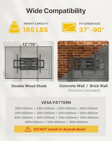 monTEK Heavy Duty TV Wall Mount for 37-90 inch TV up to 165lbs, 4X Load Tested, Full Motion with Dual Articulating Arms, Tool-Free Tilt, Swivel & Extend, VESA 200x100 to 600x400, Fits 12“/16" Studs - Image 2