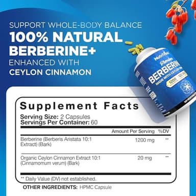 Nutrivein Premium Berberine 1200 mg with Ceylon Cinnamon - 120 Capsules: High-Absorption Berberine Supplement for Defenses, Digestion, & Metabolism - Image 2