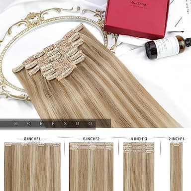 Moresoo Clip in Hair Extensions Remy Double Weft Human Hair Clip in Extensions Straight Hair Extensions for Women Dark Ash Blonde Highlight with Golden Blonde 20inch 7pcs 120g - Image 3