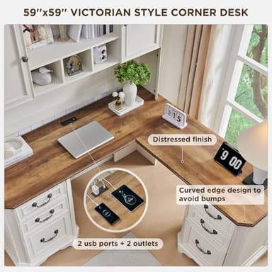 T4TREAM 59" L Shaped Desk with Hutch,Victorian Wood Computer Desk, Featuring Charging Station,File Drawer, Storage Cabinet,for Home Office Work and Study (Antique White) - Image 3