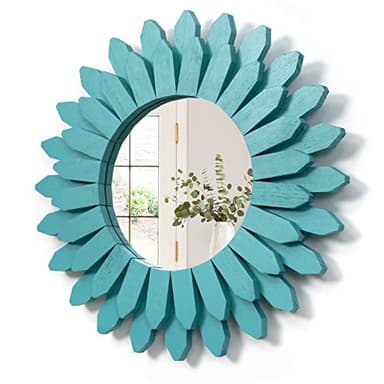 Honiway Beach Wall Decor Mirror 12 inch Wood Coastal Wall Decor Sunburst Boho Home Decor Room Decor for Bedroom Living Room Bathroom Cyan - Image 1