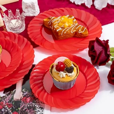 U-QE 100Pcs Red Plastic Plates - Red Scalloped Plastic Plates for Party - Heavy Duty Plastic Plates Disposable Include 50 6 '' Dessert Plates, 50 9 '' Dinner Plates Suite for All Occasions - Image 9