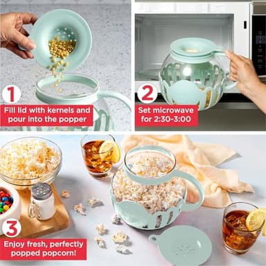 Ecolution Patented Micro-Pop Microwave Popcorn Popper with Temperature Safe Glass, 3-in-1 Lid Measures Kernels and Melts Butter, Made Without BPA, Dishwasher Safe, 3-Quart, Aqua - Image 3