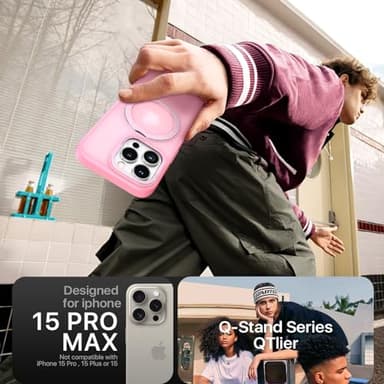 QTlier case for iPhone 15promax, 360 Rotatable Ring Stand, Raised Camera Frame, Shockproof with MagSafe Pink - Image 6
