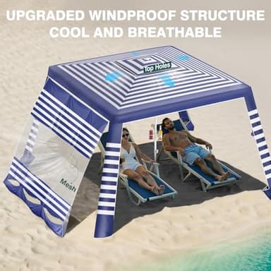Rhino Valley Beach Cabana, 8 * 8FT Beach Tent UPF50+ Protection, Easy Setup Beach Canopy Wind Resistant with Cup Holder, Compact Beach Shade Foldable Beach Tent Sun Shelter, Blue & White Stripes - Image 2