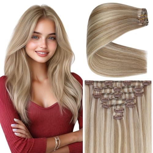Ve Sunny Clip in Hair Extensions Real Human Hair Highlights Human Hair Clip in Extensions Dark Ash Blonde Highlights Light Blonde Real Hair Extensions Clip in Human Hair Comfortable 7pcs 20inch 120g - Image 1