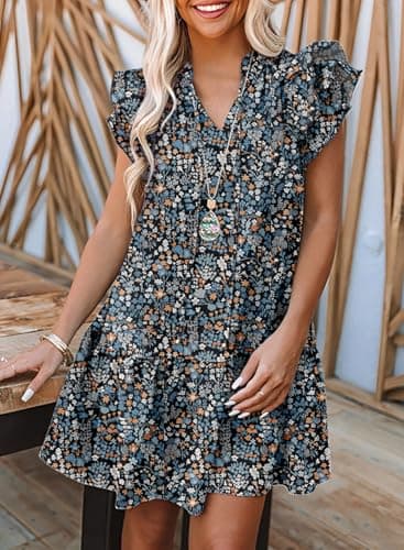 Dokotoo Summer Dresses for Women 2025 Boho Floral Drawstring V Neck Ruffle Short Sleeve A Line Bohemian Spring Fashion Short Flowy Hawaiian Mini Babydoll Dress Vacation Sundresses Multicolor XX-Large - Image 4
