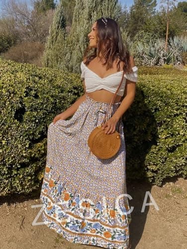 ZESICA Women's 2025 Summer Bohemian Floral Printed Elastic Waist A Line Maxi Skirt with Pockets,Cream,Large - Image 5