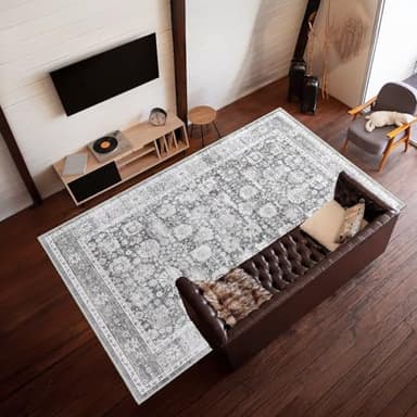 HOMFINE Vintage Design Area Rugs - Machine Washable Rug 6'x9' with Non Slip Rugs for Living Room Bedroom Floral Print Rug Carpet Stain Resistant, Home Decor Office Area Rug, Light Grey - Image 4