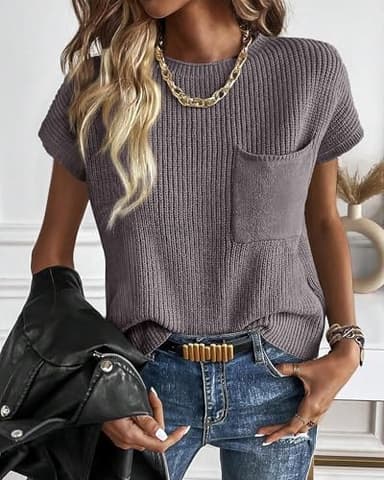 KIRUNDO Sleeveless Sweater Tops for Women Summer Sweater Vests 2025 Casual Spring Fall Fashion Crew Neck Ribbed Knit Pullover(Grey, Medium) - Image 5