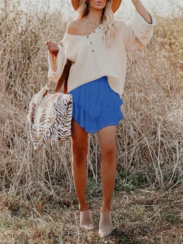 Aoudery Flowy Shorts for Women Casual Boho Ruffle Tiered Skorts High Waist Mini Skirts Golf Tennis Butterfly Crochet Shorts - Royal Blue L - Image 4