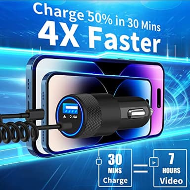 【MFi Certified】iPhone Car Charger Fast Charging, Caiinei 4.8A USB Car Charger Fast Charging Cigarette Lighter Adapter with 6FT Coiled Lightning Cable for iPhone 14 13 12 11 Pro XS Max Mini XR X 8 iPad - Image 5