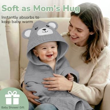 CandyHome 4 Pack Muslin Baby Towels for Newborn Set, 100% Cotton 2 Hooded Baby Bath Towels 32x32" with 2 Washcloths 10x10", Super Soft Absorbent Infant Toddler Bath Essentials Gifts, Dinosaur & Bear - Image 3