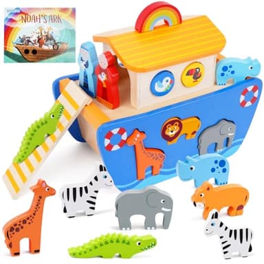 KMTJT Toddlers Wooden Noah's Ark Toy Animal Playset, Baptism Gifts for 1 2 3 Boys Girls, Shape Sorter Early Learning Montessori Toys with Bible Story Book for 12 18 24 Months Babies - Image 1