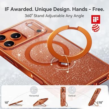 CASEKOO Pearl Sparkle 360 Spin Magnetic Stand for Glossy iPhone 17 Pro Max Case for Women, Fit for MagSafe, 17FT Drop Protection, Chic Design for 17 Pro Max Case with Stand, Cosmic Orange - Image 3