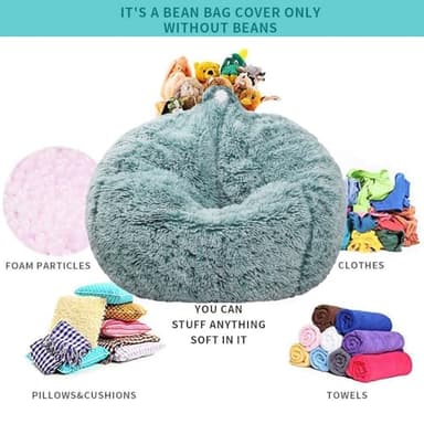 Fluffy Stuffed Animal Storage Bean Bag Chair Cover (No Filler), Faux Fur Comfy Bean Bag Cover for Organizing Plush Toys or Textile, for Adults Teens Kids Girls,Dark Green - Image 3