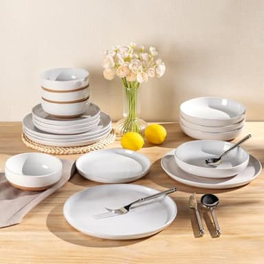 AmorArc 32 Pieces Ceramic Dinnerware Sets for 8, Handpainted Plates and Bowls Set with Rustic Terracotta Underside, Scratch Resistant Stoneware Dishes Set, Dishwasher & Microwave Safe, White - Image 8