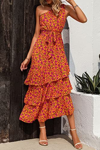 PRETTYGARDEN Women's Summer Floral Sundress Casual One Shoulder Tiered Ruffle Flowy Midi Beach Boho Dresses (Floral Orange Rose Red,Large) - Image 6
