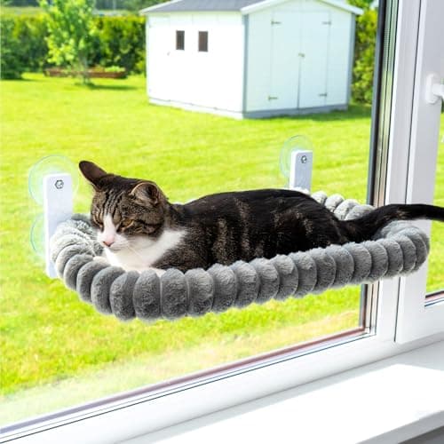 PAWRUSH Cat Window Perch — Premium Cat Window Hammock with 4 Large Suction Cups & Soft Bubble Cushion; Strong Rustproof Metal Frame Window Bed Holding 40lbs; Easy Assembly Perch for Indoor Cats; Gray - Image 1