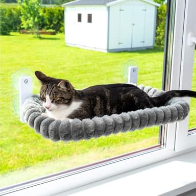 PAWRUSH Cat Window Perch — Premium Cat Window Hammock with 4 Large Suction Cups & Soft Bubble Cushion; Strong Rustproof Metal Frame Window Bed Holding 40lbs; Easy Assembly Perch for Indoor Cats; Gray - Image 1