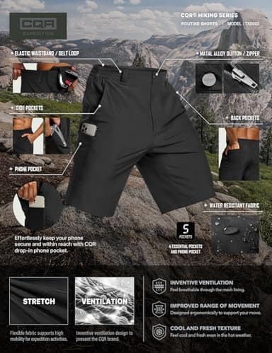 CQR Men's Quick Dry Stretch Hiking Cargo Shorts, Lightweight Water Resistant Tactical Casual, Golf & Outdoor with Pockets, Routine Black, 36W x 10L - Image 7