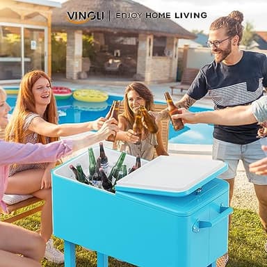 VINGLI 80 Quart Rolling Ice Chest, Portable Patio Party Bar Drink Cooler Cart, with Shelf, Beverage Pool with Bottle Opener (Light Blue) - Image 2