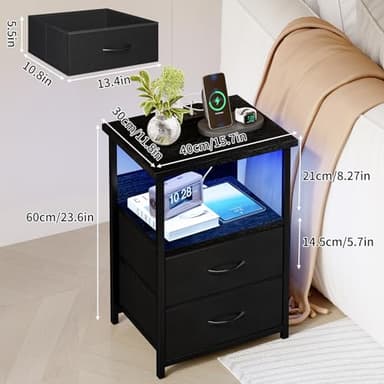 Fixwal Night Stand with Charging Station, LED Nightstand with U-S-B Ports and Outlets, 2 Fabric Storage Drawers with PU Finish, Small Bedside Table, Black - Image 3