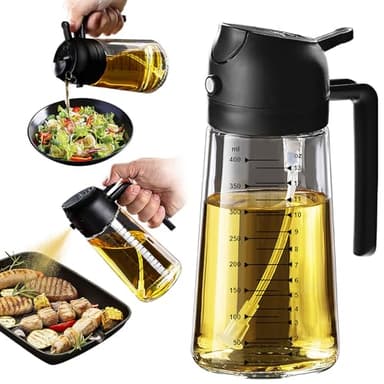 TrendPlain 16oz/470ml Glass Olive Oil Sprayer for Cooking – 2 in 1 Olive Oil Dispenser Bottle for Kitchen Gadgets and Air Fryer Accessories, Salad, BBQ - Black - Image 1