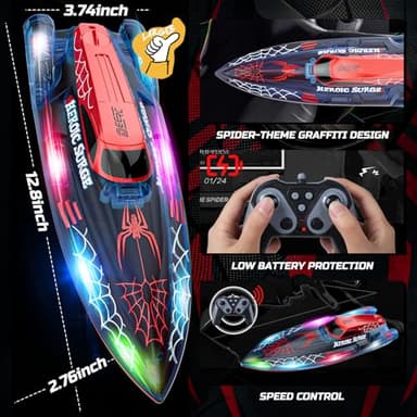 DEERC 13 inch Remote Control Boat for Kids, 2.4Ghz RC Spider Boat with LED Lights for Pools and Lakes, Summer Water Toy Gift for Boys 8-12, 2 Batteries - Image 2