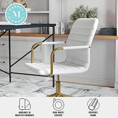 Martha Stewart Taytum Swivel Task Chair with Armrests for Home Office in White Faux Leather with Polished Brass Frame - Image 5