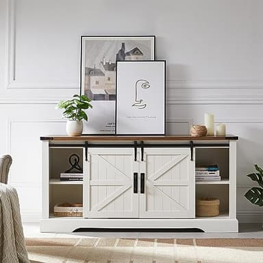 OKD Farmhouse Electric TV Stand for 65+ Inch TV, Rustic Entertainment Center with 18" Fireplace, Sliding Barn Door, Storage Shelves, Wood Media Console Cabinet for Living Room, Antique White - Image 5