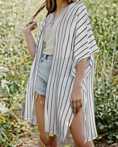 Swim Cover Up for Women Stripe Pattern Bikini Kimono Bathing Cardigan Beach Wrap Dress(07-Black and White Stripe,XL) - Image 2