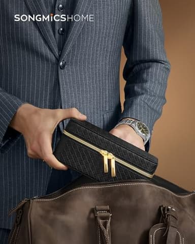 SONGMICS HOME RONNE Collection - 3-Slot Mens Jewelry Box, Watch Travel Case, PU Leather Watch Box, 3.9 x 7.9 x 3.5 Inches, Gift Idea, Ink Black Surface, Ink Black Lining UJWB017B01 - Image 2