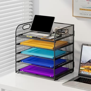 Cawukege 5 Tier Paper Organizer with Handle, Metal Mesh Desk Organizer File Folder Paper Letter Tray Desktop Document Sorter for Classroom, School, Office Accessories Organization and Storage - Black - Image 5