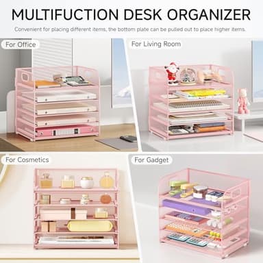 5 Tray Paper Organizer Letter Tray with Handle - Mesh Desk File Organizer, Paper Sorter Organizer for Office, Home or School File Folder Holder - Pink - Image 6