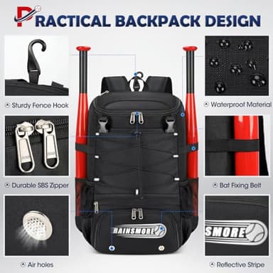 Baseball Bag for Youth & Adult Lightweight Softball Bat Bag with Shoe Compartment, External Helmet Holder and Fence Hook Waterproof Baseball Backpack Hold T-Ball, Bat and Softball Equipment, Black - Image 4
