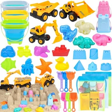 FHOZGECY Beach Toys, 35Pcs Sand Toys with 3 Construction Vehicles, 3 Collapsible Beach Bucket, Sand Castle Building Kit, Sand Molds, Shovel Set, Mesh Bag, Travel Toys for Toddlers Kids Boys Girls - Image 1