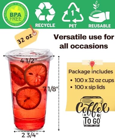 100 Pack 32 oz Clear Plastic Cups with Strawless-Sip-Lids, Disposable Cups Plastic Iced Coffee Cups, To Go Cups with Sip Through Lids for Smoothie, Milkshake, Cold Drinks for Party, Wedding, Event - Image 4