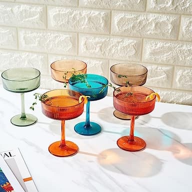 Shatterproof Acrylic Ribbed Vintage Art Deco Martini, Champagne & Cocktail Muted Color Plastic Tritan Coupe Glasses | Set of 6 | 8 oz Ripple Glassware Classic Cocktail Indoor & Outdoor, European Style - Image 4