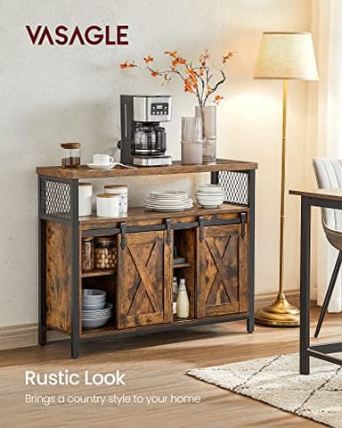 VASAGLE Buffet Cabinet, Coffee Bar Storage Cabinet, Sideboard with 2 Sliding Barn Doors, Adjustable Shelves, 13 x 39.4 x 31.5 Inches, for Living Room, Rustic Brown and Ink Black ULSC092B01 - Image 4